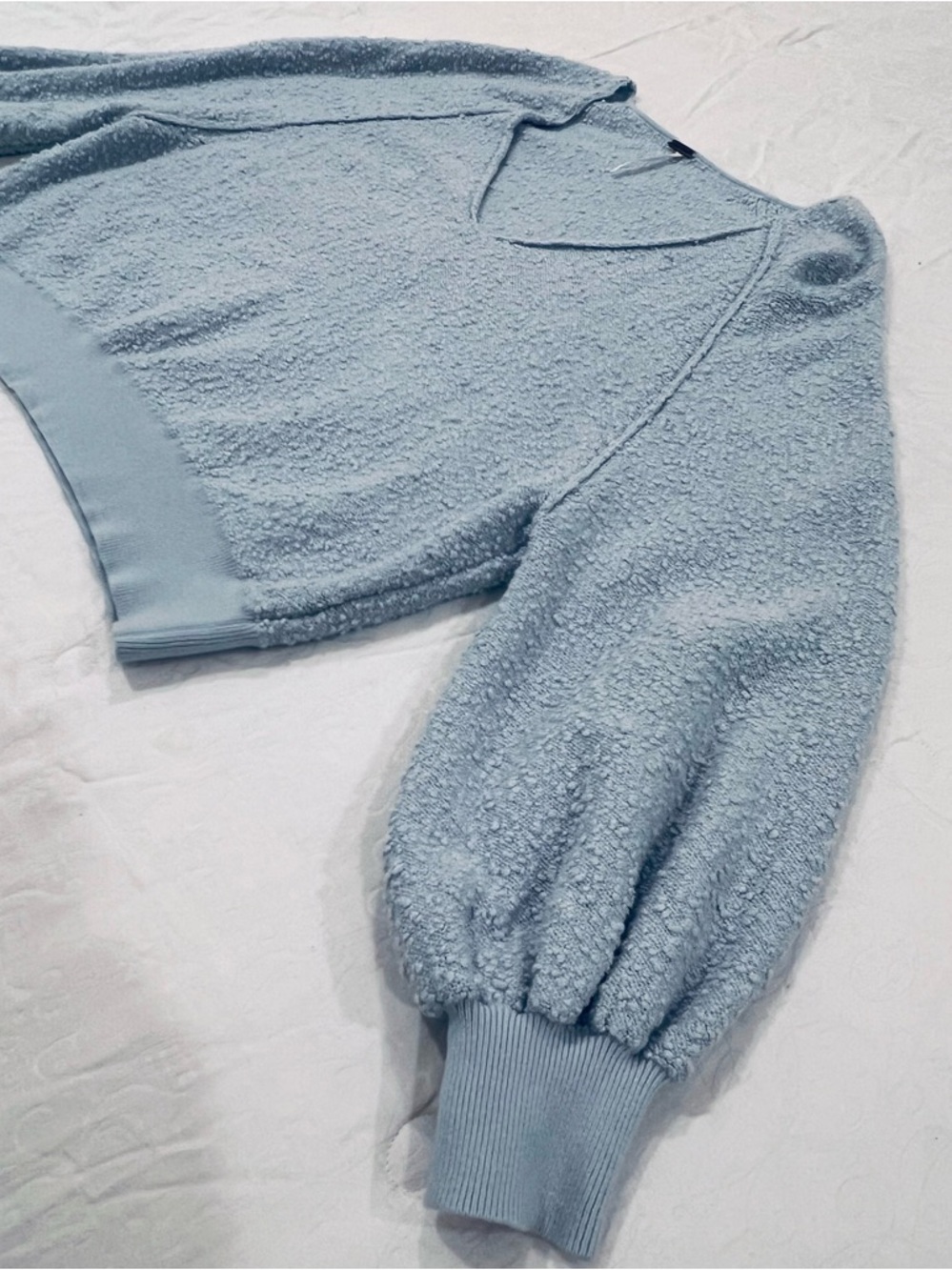 Free People Boho Sky Blue Off the Shoulder Knit Slouchy Cropped Sweater - Picture 5 of 10